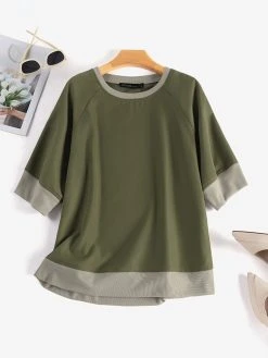 Women Contrast Patchwork Crew Neck Knit Raglan Sleeve T-Shirt