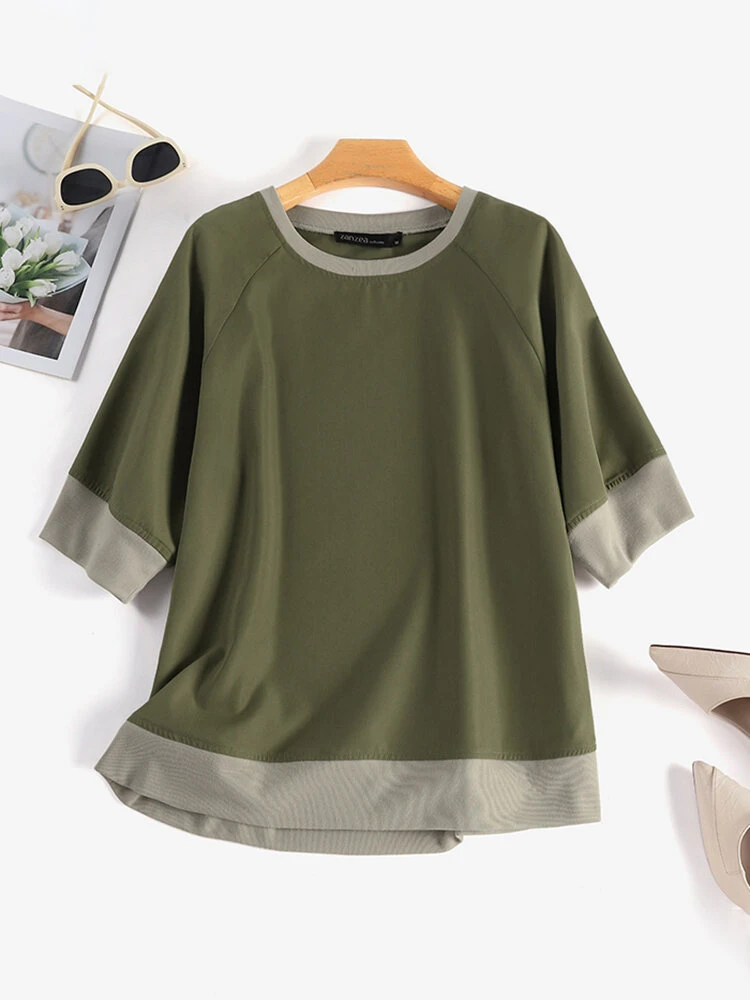 Women Contrast Patchwork Crew Neck Knit Raglan Sleeve T-Shirt 1 Women Contrast Patchwork Crew Neck Knit Raglan Sleeve T-Shirt