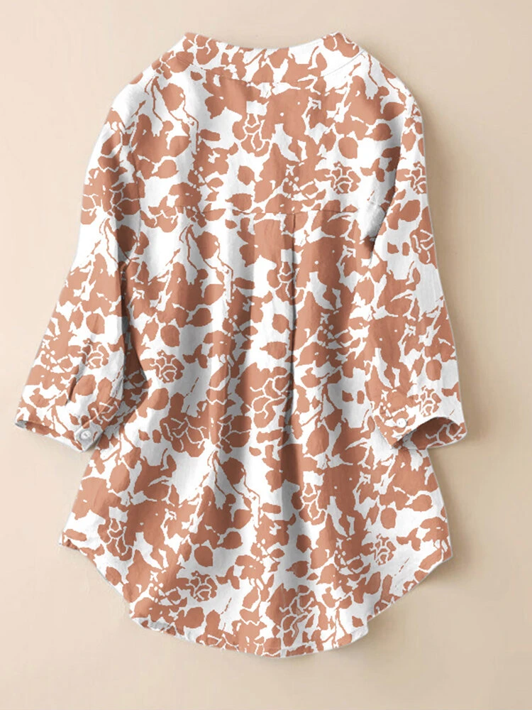 Allover Plants Print Pocket 3/4 Sleeve Stand Collar Blouse 6 Allover Plants Print Pocket 3/4 Sleeve Stand Collar Blouse - Image 6