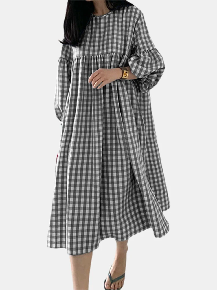 Plaid Print Pleated Puff Sleeve Casual Dress For Women 1 Plaid Print Pleated Puff Sleeve Casual Dress For Women