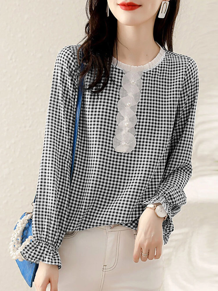 Check Print Long Sleeve Crew Neck Panel Blouse 12 Check Print Long Sleeve Crew Neck Panel Blouse - Image 12