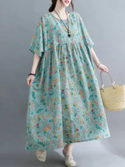 Allover Floral Print Crew Neck Loose Vintage Dress -Zanzea Shop 374af6e3 db6c 453a b1c9 f6a73232f664