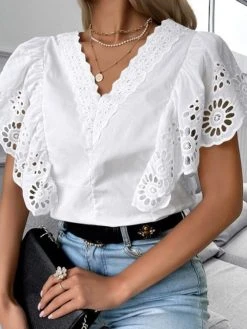 Eyelet Ruffle Sleeve Lace V-neck Blouse For Women