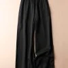Women Solid Elastic Waist Pocket Wide Leg Pants
