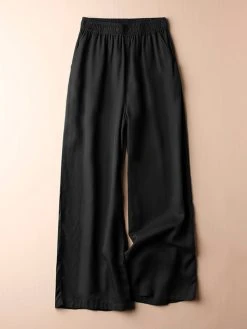 Women Solid Elastic Waist Pocket Wide Leg Pants