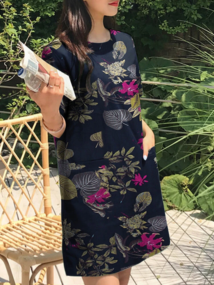 Flower Leaves Print Short Sleeve Crew Neck Vintage Dress 11 Flower Leaves Print Short Sleeve Crew Neck Vintage Dress - Image 11