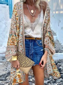 Women Bohemian Floral Print Long Sleeve Loose Kimono