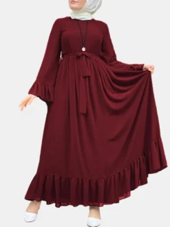 Casual Solid Color Ruffled Loose Plus Size Dress With Belt