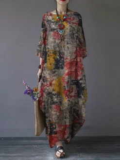 Printed O-neck Side Pockets Cotton 3/4 Sleeve Long Dress -Zanzea Shop 37fca699 f7f0 422b be66 a49e31e04300