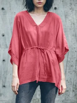 Solid Loose Drawstring Waist V-neck Dolman Sleeve Blouse -Zanzea Shop 38080038 9aa1 4bf3 935c 69072e73fc5d