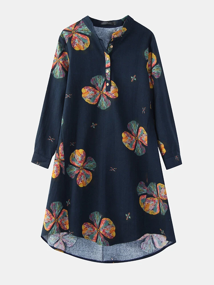 Calico Print Stand Collar Long Sleeve Plus Size Button Dress For Women 5 Calico Print Stand Collar Long Sleeve Plus Size Button Dress For Women - Image 5