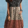 Women Ditsy Floral Print Patchwork Crew Neck Short Sleeve Dress