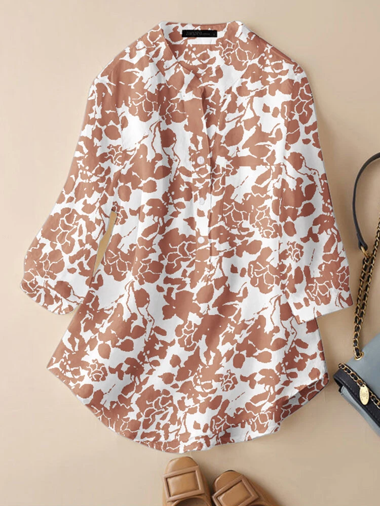 Allover Plants Print Pocket 3/4 Sleeve Stand Collar Blouse 5 Allover Plants Print Pocket 3/4 Sleeve Stand Collar Blouse - Image 5