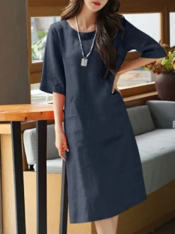 Solid Dual Pocket Half Sleeve Crew Neck Midi Dress -Zanzea Shop 3880c478 1bba 463c 918b f5fc1a426103