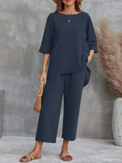 Women Solid Crew Neck High-Low Hem Cotton Co-ords -Zanzea Shop 38a84f5b 4e07 4fb1 a065 a6ce57f9e7b5