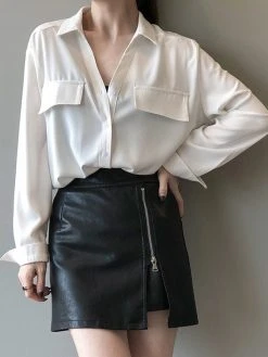 Solid Button Front Lapel Long Sleeve Shirt -Zanzea Shop 38ab2671 5d6d 45e0 9adf 0be6f8671eaf