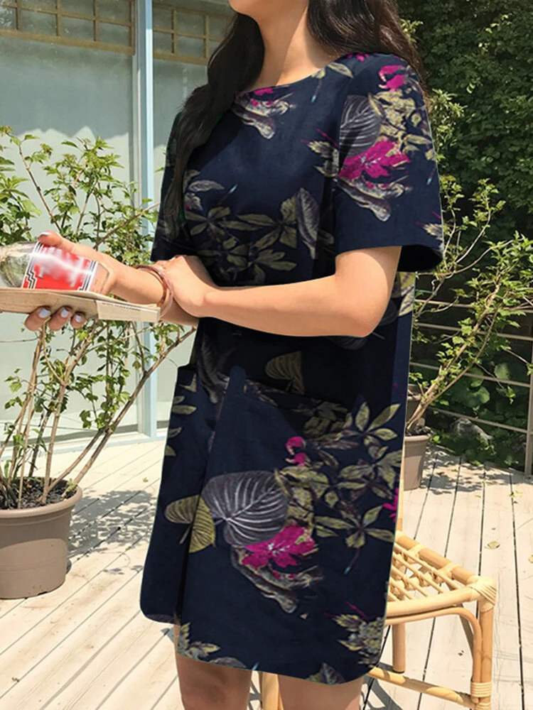 Flower Leaves Print Short Sleeve Crew Neck Vintage Dress 12 Flower Leaves Print Short Sleeve Crew Neck Vintage Dress - Image 12