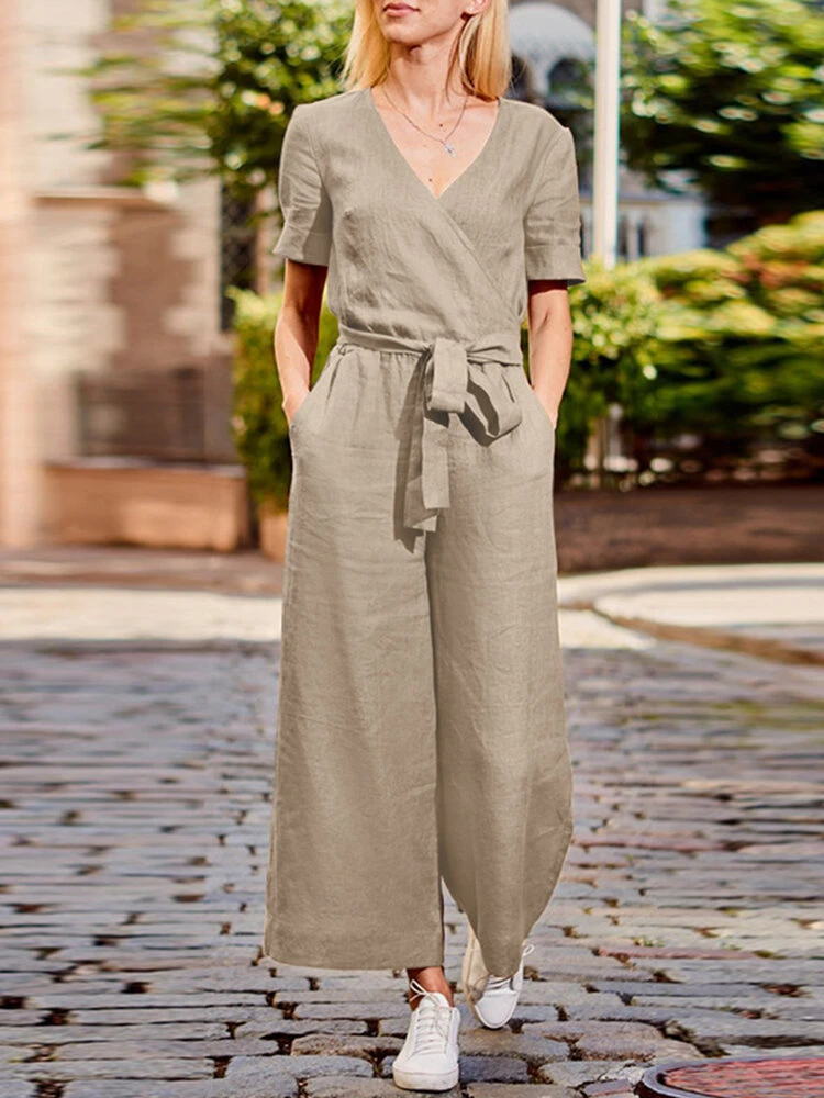 Solid Sash Pocket V Neck Casual Jumpsuit 2 Solid Sash Pocket V Neck Casual Jumpsuit - Image 2