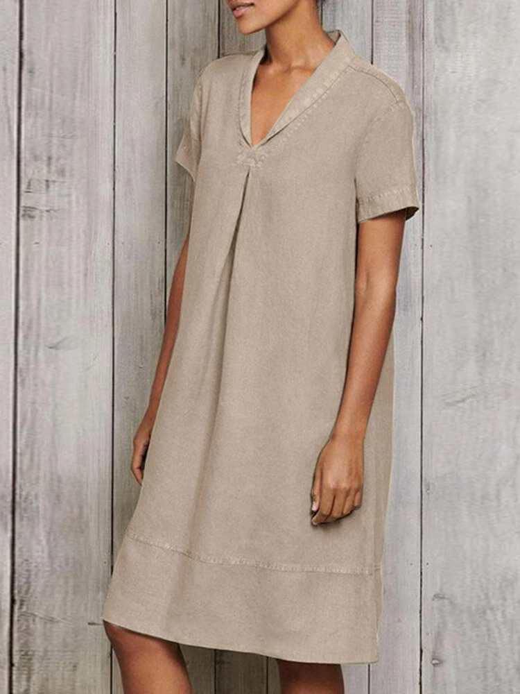 Women Solid Pleated Lapel Cotton Short Sleeve Dress 2 Women Solid Pleated Lapel Cotton Short Sleeve Dress - Image 2