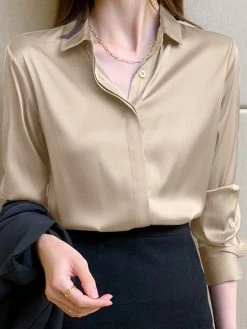 Solid Satin Button Lapel Long Sleeve Shirt -Zanzea Shop 390a0650 afb6 46f9 bdab 865c93f42a72