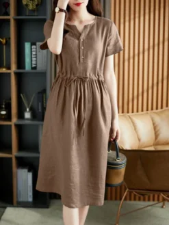 Solid Pocket Drawstring Waist Button Short Sleeve Dress -Zanzea Shop 3936deb6 d832 4ab0 b988 edf32abc132b