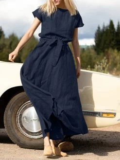 Solid Pocket Swing Short Sleeve Maxi Dress With Belt -Zanzea Shop 393b98b9 1fc4 4dbc a2ed 5ae41561fb2e