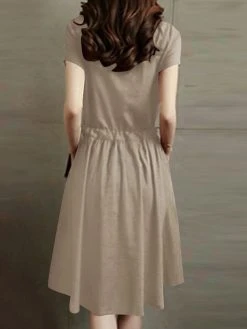 Leisure Solid Pocket Drawstring Short Sleeve Cotton Midi Dress -Zanzea Shop 39406943 148b 4536 ab6c b2aee5d74d7a