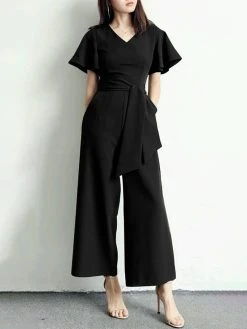 Solid Belt Pocket High Waist Ruffle Sleeve Wide Leg Jumpsuit -Zanzea Shop 394c86a6 c430 4b3e a6f1 cffd5fe456a1