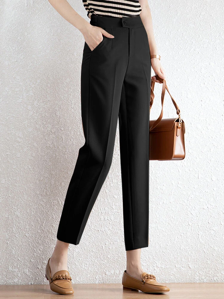 Women Solid Pocket Zip Button Front Tailored Pants 11 Women Solid Pocket Zip Button Front Tailored Pants - Image 11