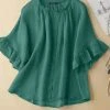 Women Solid Ruffle Sleeve Crew Neck Casual Blouse