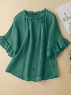 Women Solid Ruffle Sleeve Crew Neck Casual Blouse