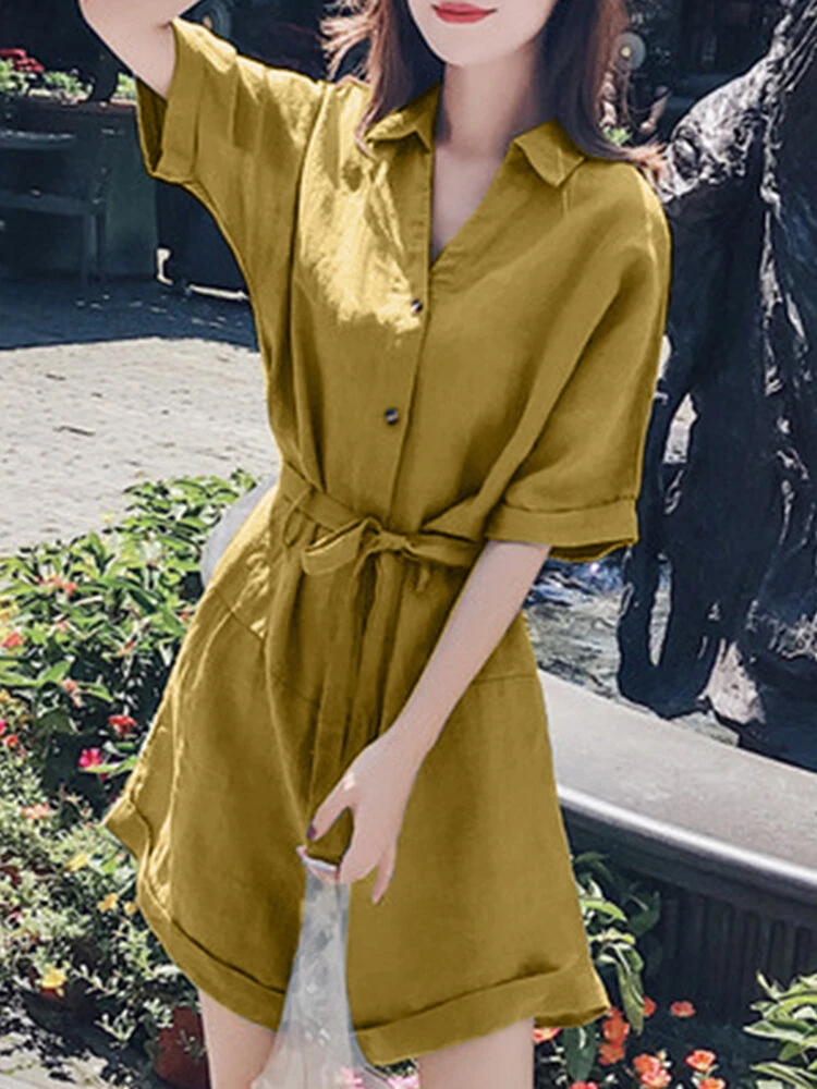 Solid Pocket Lapel Belt Button Front Short Sleeve Romper 7 Solid Pocket Lapel Belt Button Front Short Sleeve Romper - Image 7