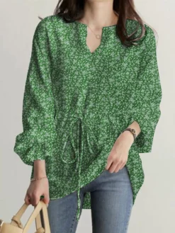 Allover Floral Print Drawstring Waist Notch Neck Blouse