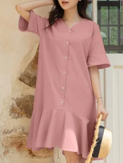 Women Solid Ruffle Sleeve V-neck Button Mermaid Dress -Zanzea Shop 39d9bd5b 3ef2 4115 a0e3 9230d2941c41