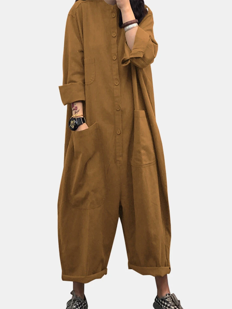 Solid Color Plain Button Pocket Long Sleeve Casual Jumpsuit For Women 2 Solid Color Plain Button Pocket Long Sleeve Casual Jumpsuit For Women - Image 2