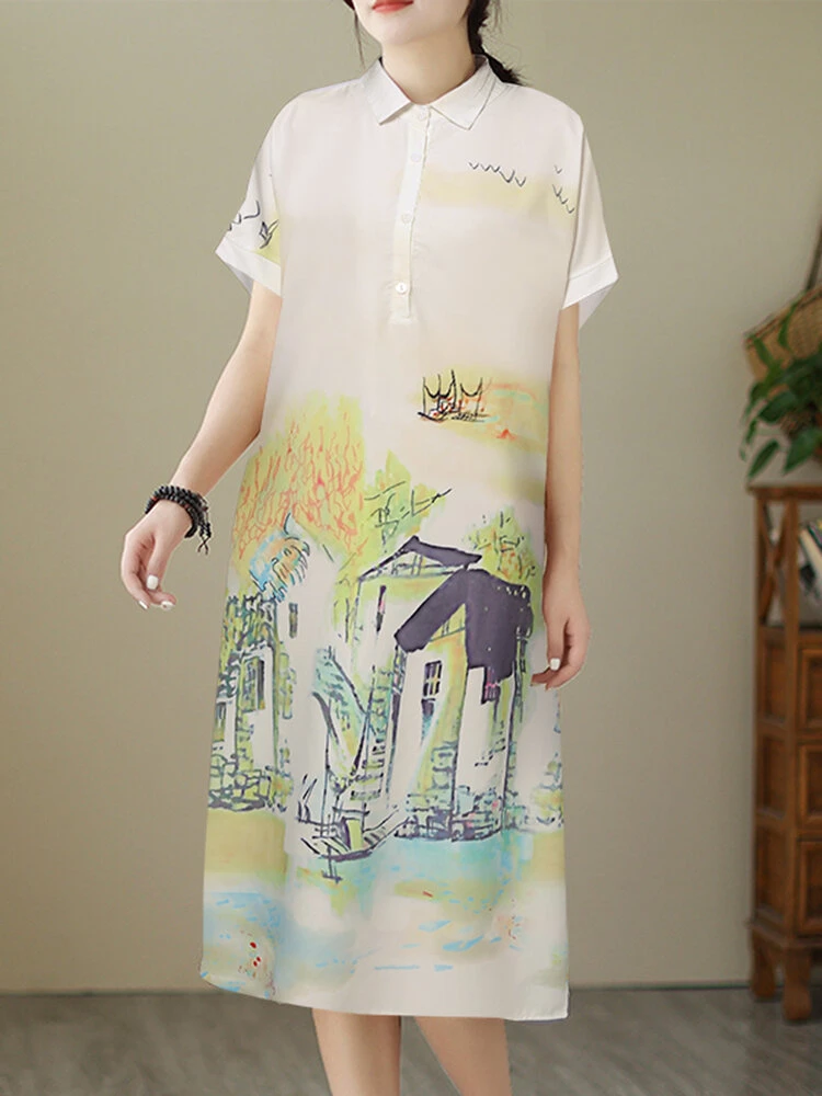 Women Mix Print Lapel Half Button Short Sleeve Dress 2 Women Mix Print Lapel Half Button Short Sleeve Dress - Image 2