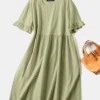 Solid Ruffle Short Sleeve Pocket Crew Neck Casual Dress