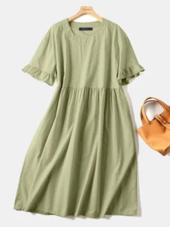 Solid Ruffle Short Sleeve Pocket Crew Neck Casual Dress