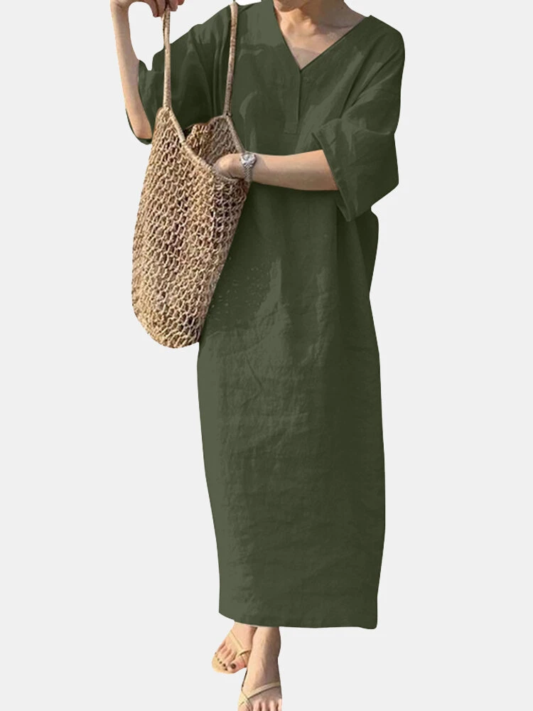 Solid V-neck Loose 3/4 Sleeve Vintage Dress 1 Solid V-neck Loose 3/4 Sleeve Vintage Dress