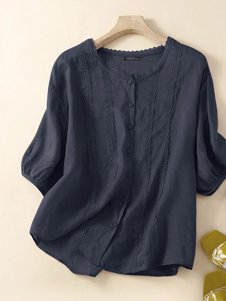 Women Lace Trim Plain Button Up Cotton 3/4 Sleeve Shirt 3 Women Lace Trim Plain Button Up Cotton 3/4 Sleeve Shirt - Image 3