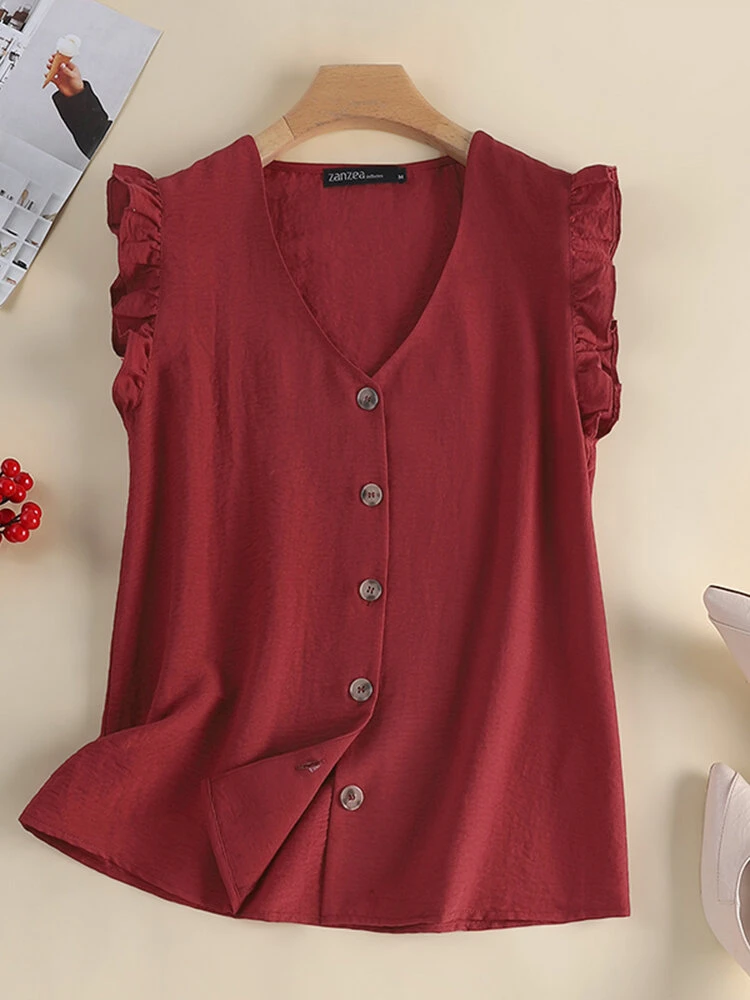 Women Solid V-Neck Button Front Ruffle Sleeveless Blouse 4 Women Solid V-Neck Button Front Ruffle Sleeveless Blouse - Image 4