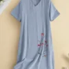 Women Floral Embroidered V-Neck Cotton Short Sleeve Dress