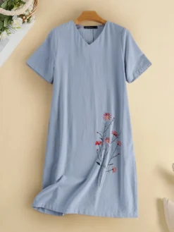 Women Floral Embroidered V-Neck Cotton Short Sleeve Dress
