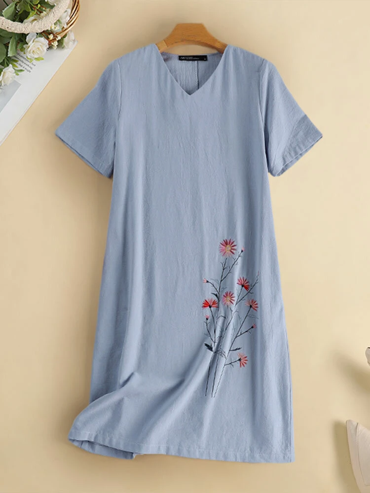 Women Floral Embroidered V-Neck Cotton Short Sleeve Dress 1 Women Floral Embroidered V-Neck Cotton Short Sleeve Dress