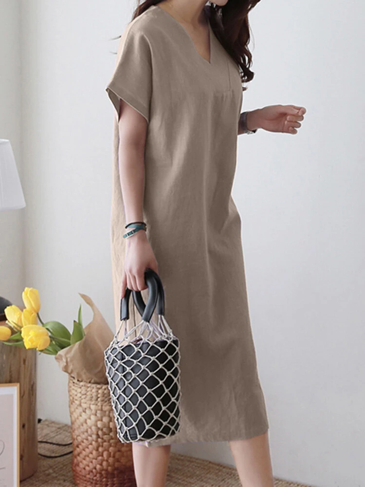 Solid V-neck Short Sleeve Dress For Women 11 Solid V-neck Short Sleeve Dress For Women - Image 11