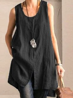 Solid Slit Hem Crew Neck Casual Tank Top -Zanzea Shop 3ac76d9f ed0d 4d39 9866 50f8e461c58b