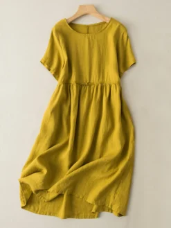 Solid Ruched Round Neck Short Sleeve Casual Cotton Midi Dress -Zanzea Shop 3ad78e03 281c 4c0d 8a50 d473e164bc3a