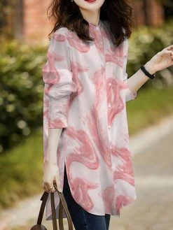Marble Pattern Slit Hem Loose Button Front Blouse -Zanzea Shop 3ae847ad 95c5 495d b49d 16b0cbd76a5a