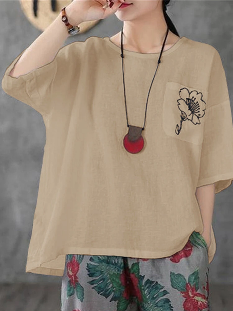 Flower Embroidery Pocket Half Sleeve Crew Neck Loose T-shirt 6 Flower Embroidery Pocket Half Sleeve Crew Neck Loose T-shirt - Image 6
