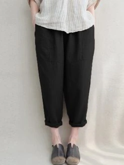 Plain Elastic Waist Pocket Casual Cotton Linen Pants -Zanzea Shop 3b64bbe6 f881 4e18 81cb 0e452f783b2d